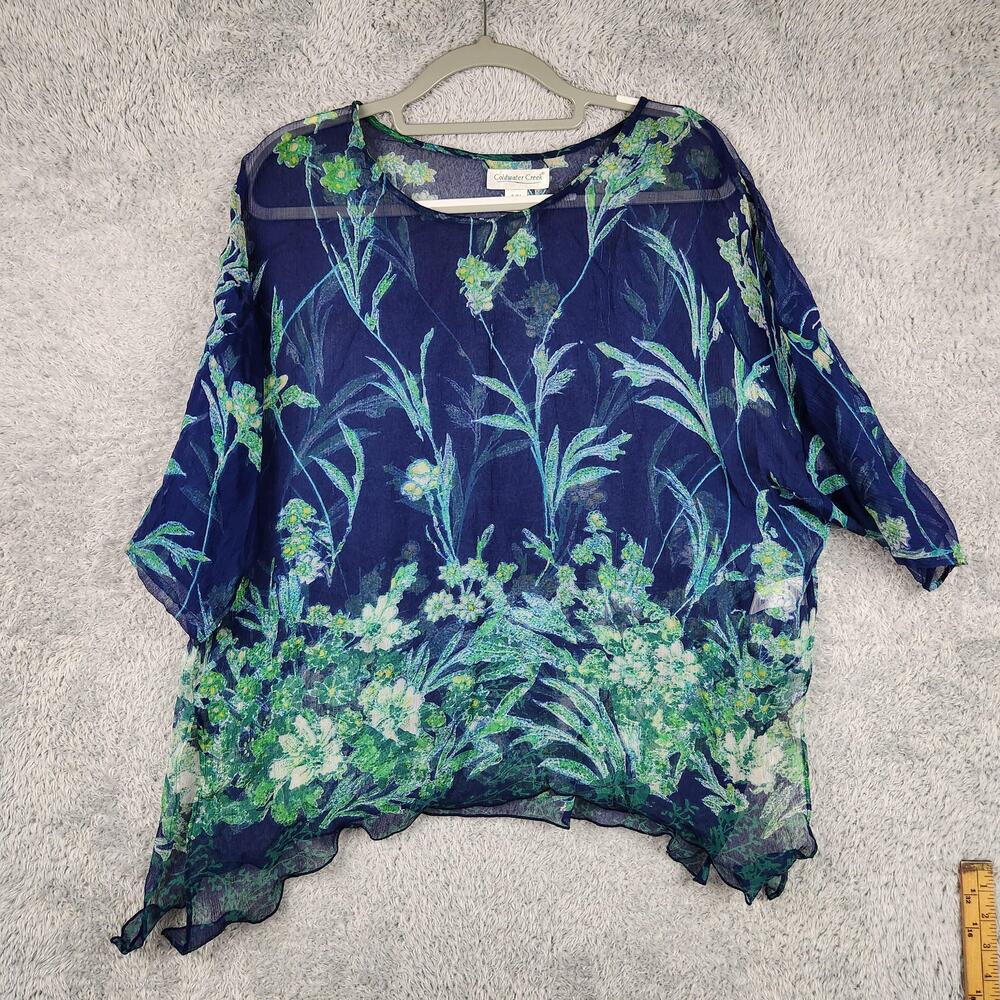 Vintage Coldwater Creek Kimono Blouse Womens S/M Blue Floral Sheer Silk Chiffon